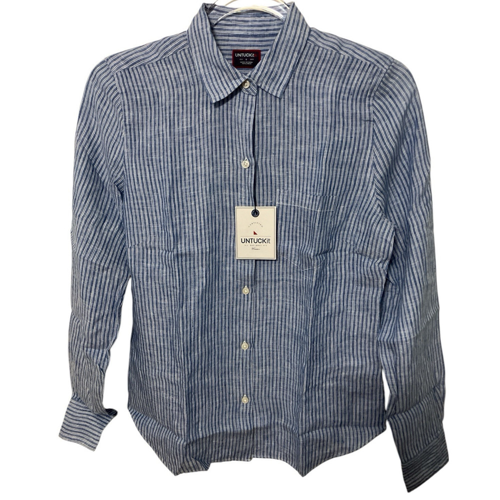 UNTUCKit Women's Linen Button Up Shirt Long Sleeve Blue White Striped Sz 0 NWT